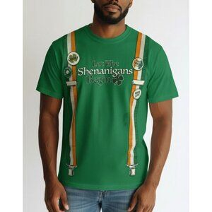 Let The Shenanigans Begin Green St. Patricks Day T-Shirt With Suspenders Design